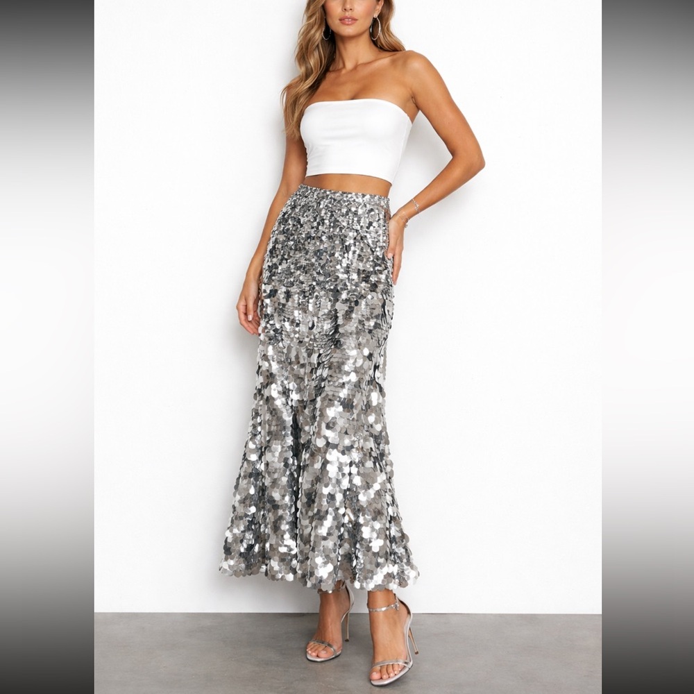 Mac Duggal Glamorous Silver Sequin A-Line Maxi Skirt in XS
